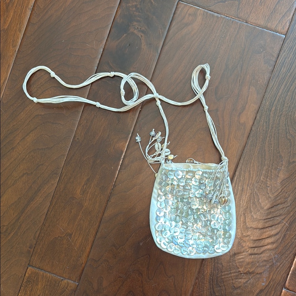 Sequin Embellished Cream Crossbody Bag